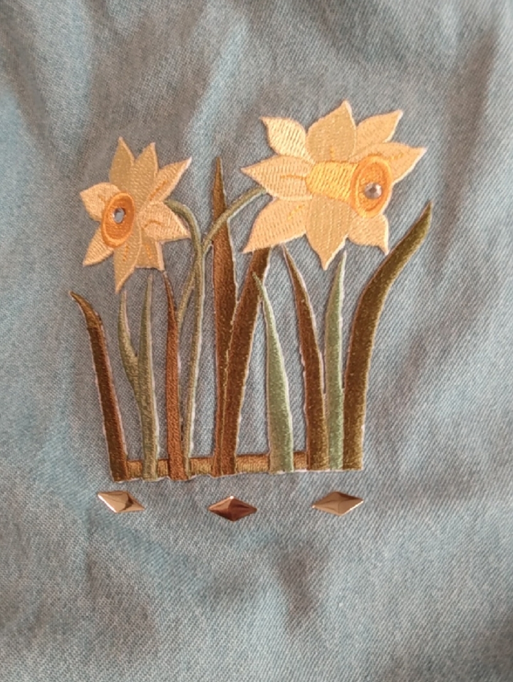 Vtg Trad Wife Modest Jeans Long Dress Embroidered Daffodils Natural Fiber - Picture 8 of 8